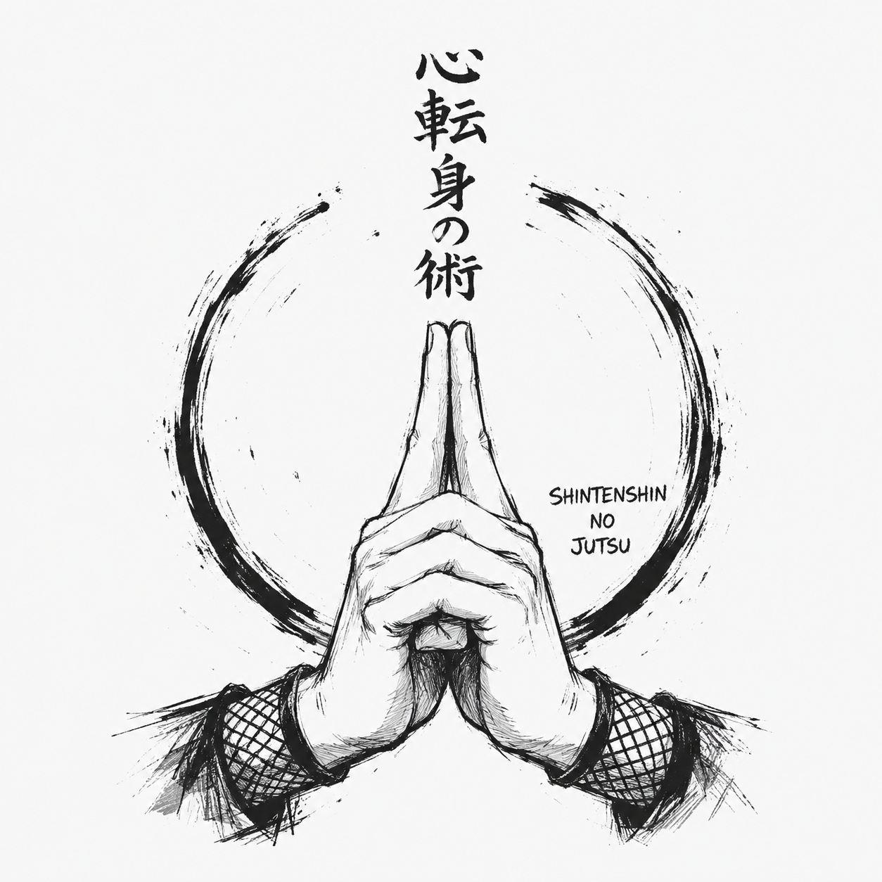 Shintenshin no Jutsu — hands form a mind-transfer seal, ink-sketch style